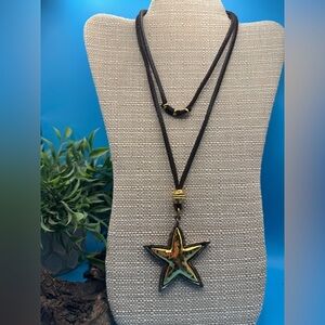 Edouard Rambaud modernist  gold & silver tone pendant on brown suede cord. EUC.